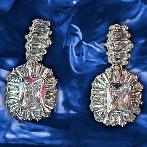 NEW White Gold-Plated Stacked Diamond Simulant Emerald Baguette Drop Earrings - Picture 11 of 14